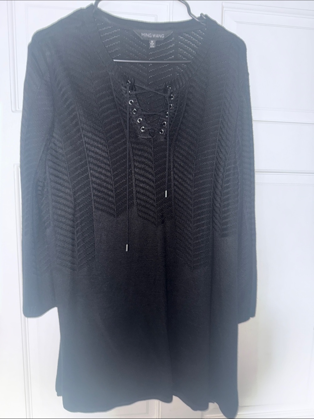 Ming Wang Black Lace-Up V-Neck Chevron Knit Sweater